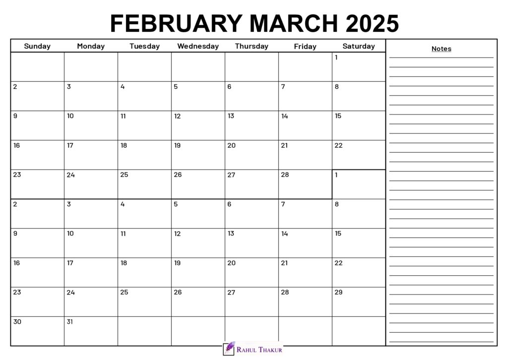 February March 2025 Calendar With Notes