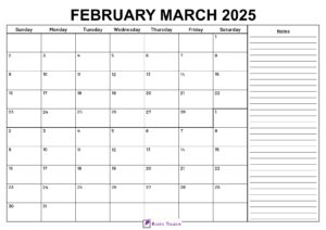 February March 2025 Calendar With Notes