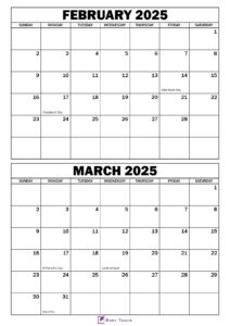 February March 2025 Calendar with Holidays