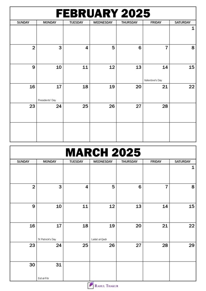 February March 2025 Calendar with Holidays