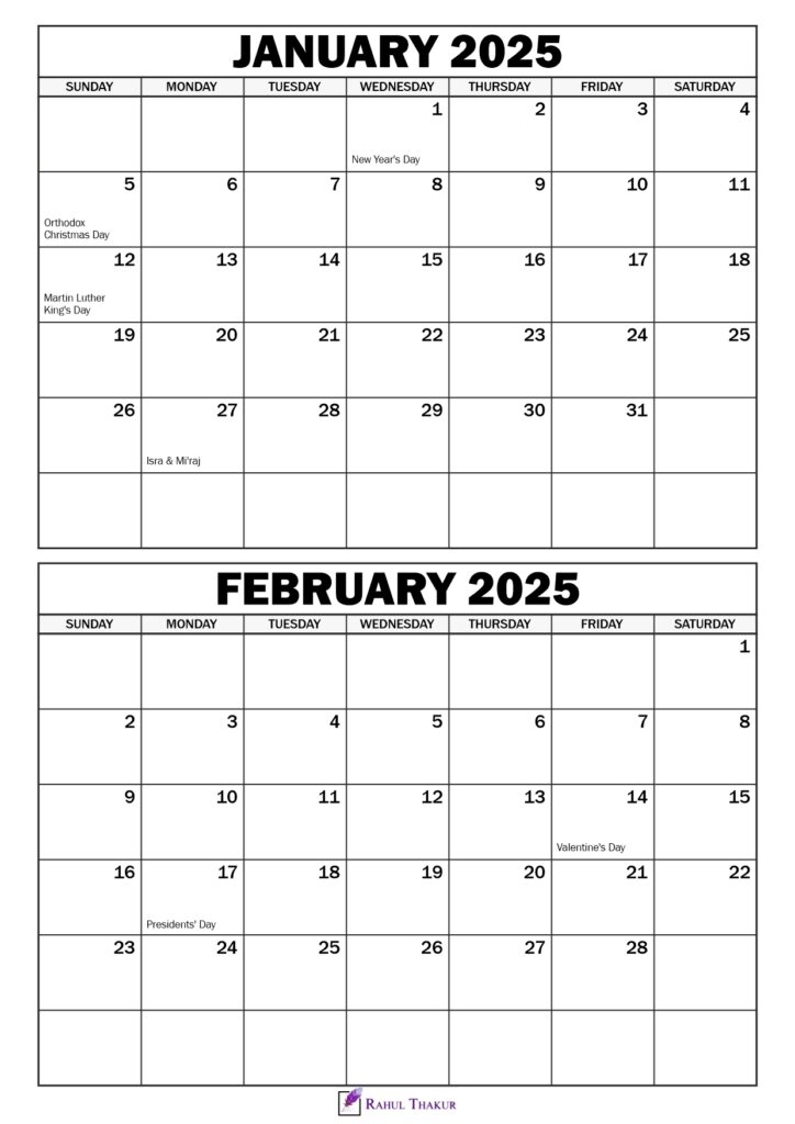 January February 2025 Calendar with Holidays