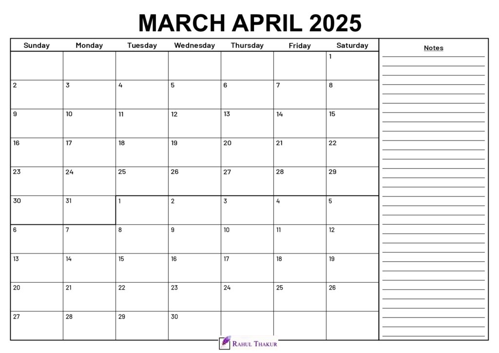 March April 2025 Calendar With Notes