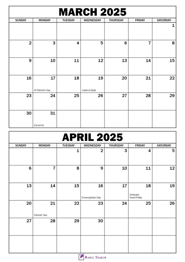 March April 2025 Calendar with Holidays