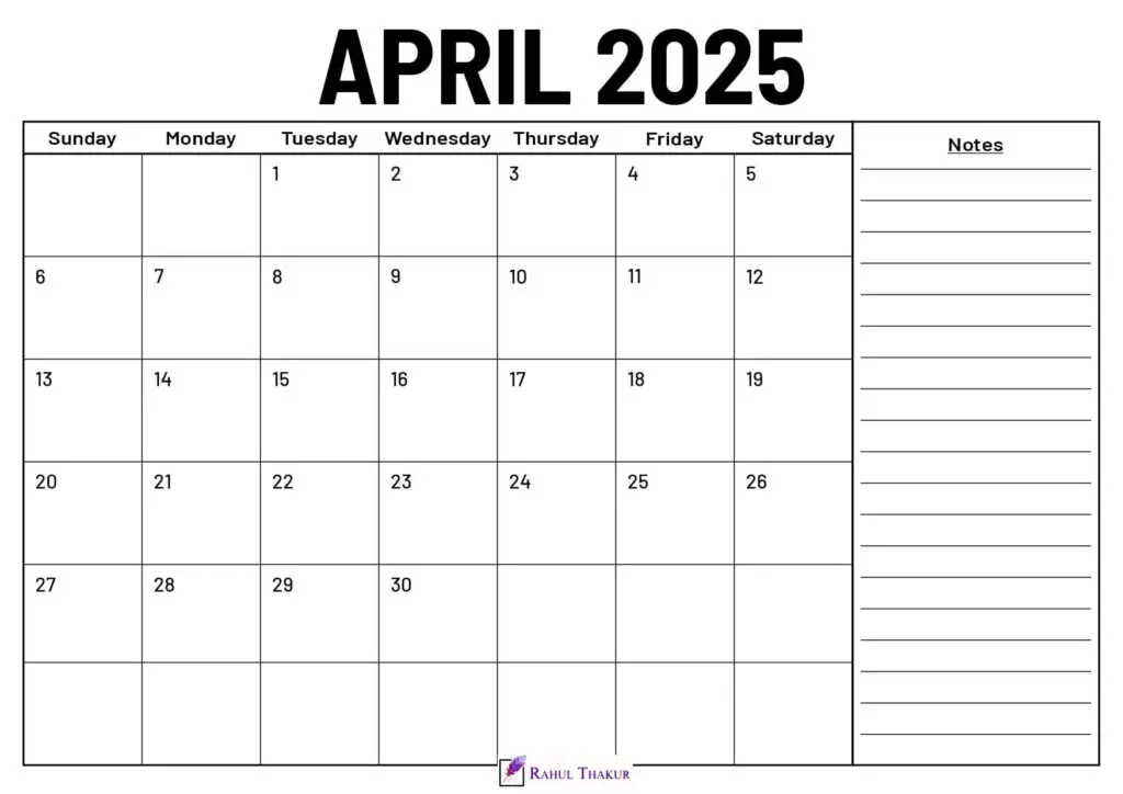 April 2025 Calendar With Notes