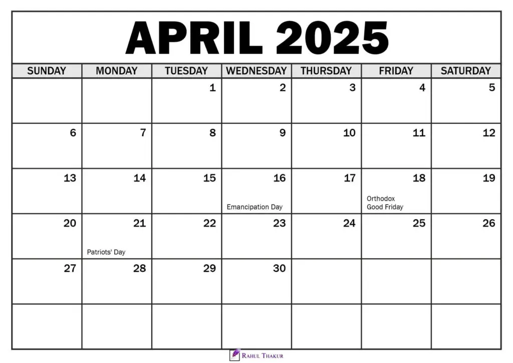 April 2025 Calendar with Holidays