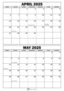 April May 2025 Calendar with Holidays