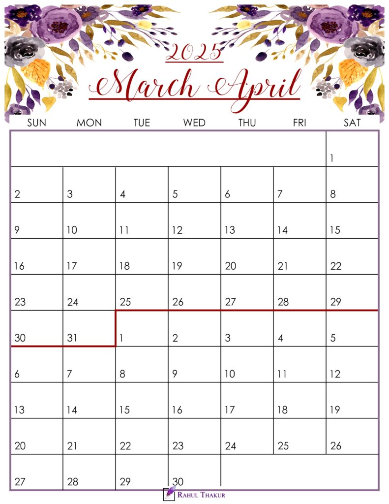 Floral March April 2025 Calendar