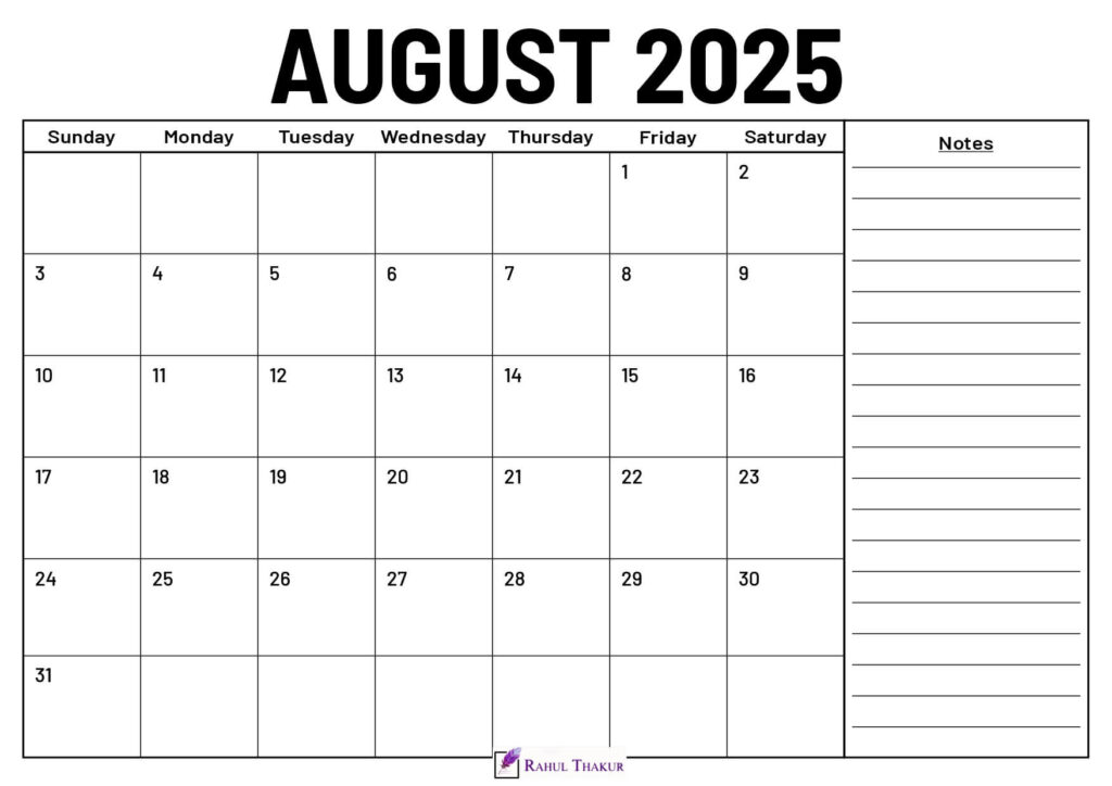 August 2025 Calendar With Notes