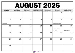 August 2025 Calendar with Holidays