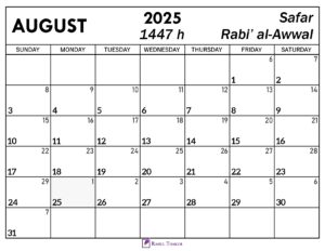 August 2025 Islamic Calendar