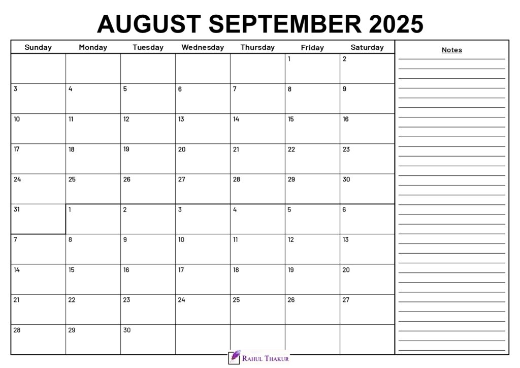 August September 2025 Calendar With Notes