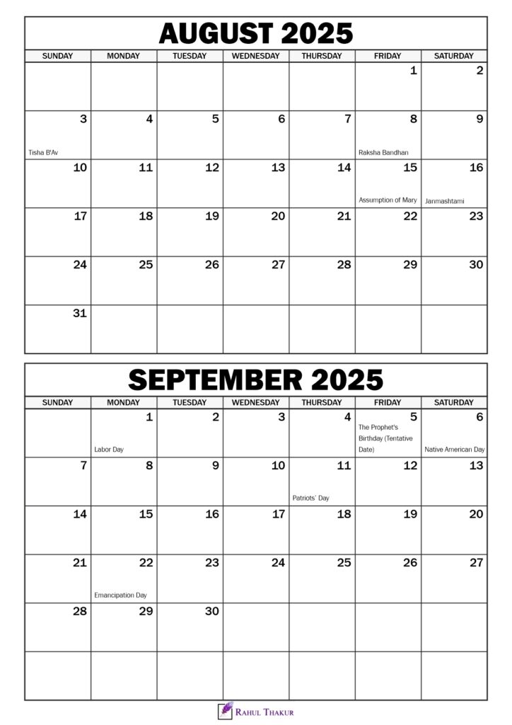 August September 2025 Calendar with Holidays