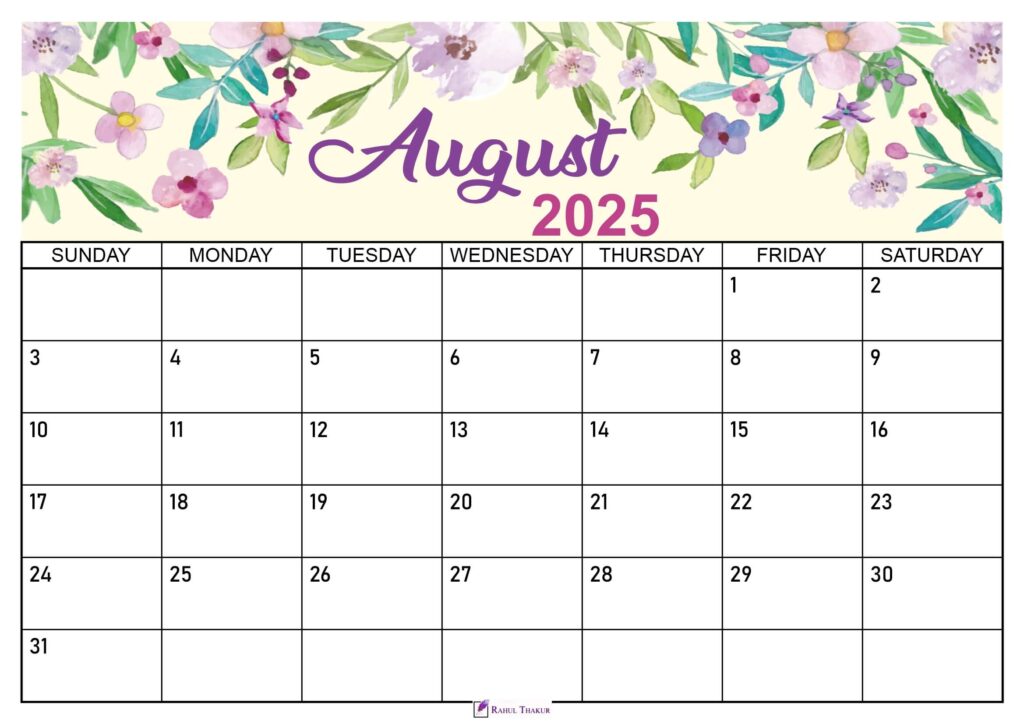 Floral August 2025 Calendar