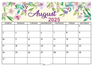 Floral August 2025 Calendar