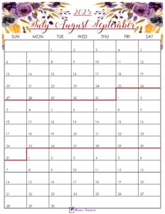 Floral July to September 2025 Calendar