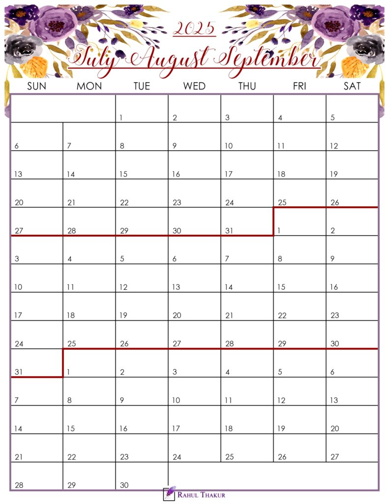 Floral July to September 2025 Calendar