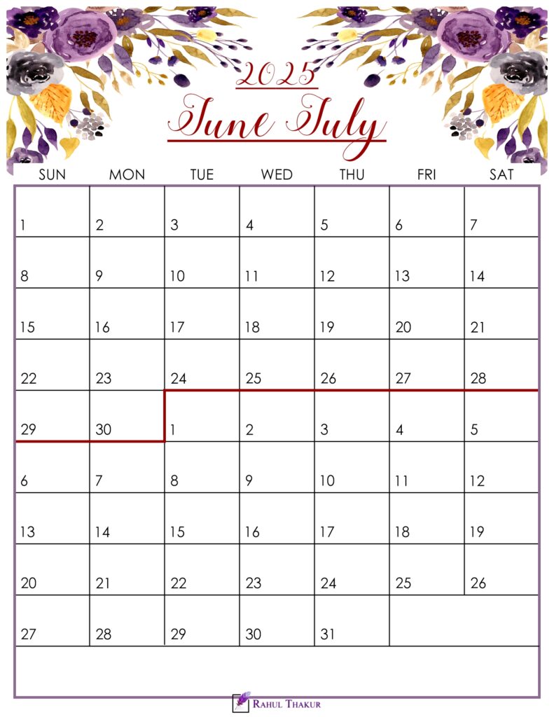 Floral June July 2025 Calendar