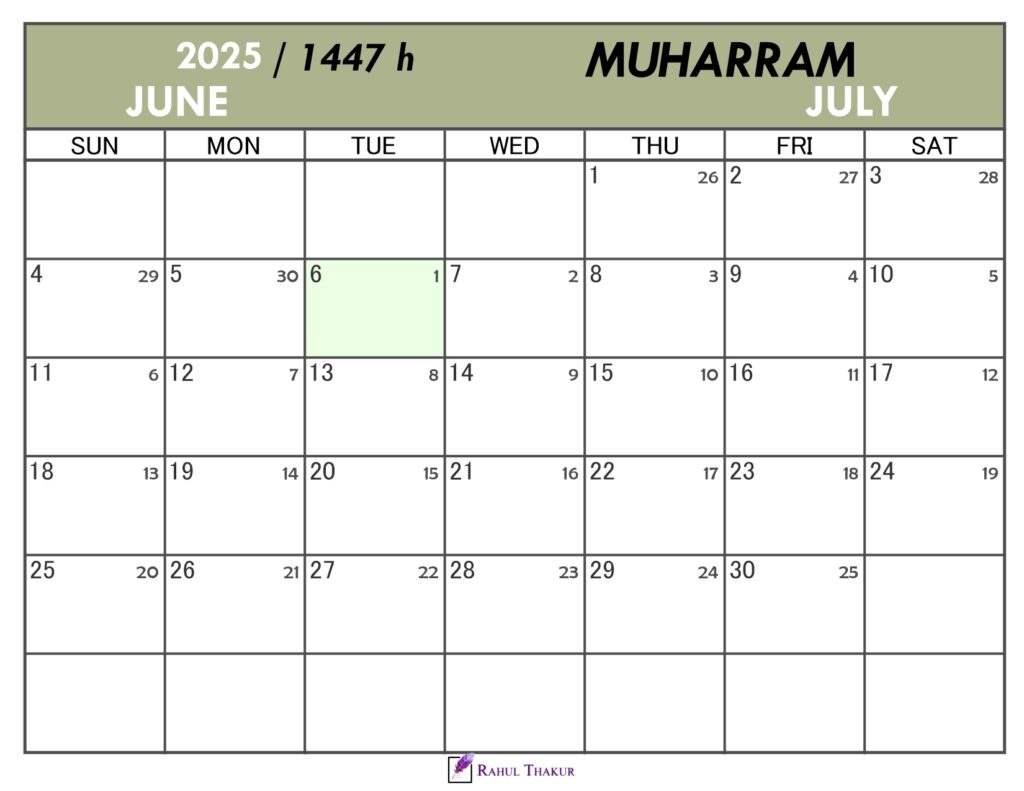 Hijri Calendar for Muharram 1447