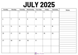 July 2025 Calendar With Notes