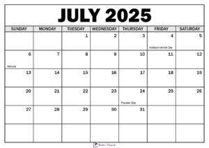 July 2025 Calendar with Holidays