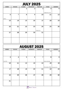 July August 2025 Calendar with Holidays