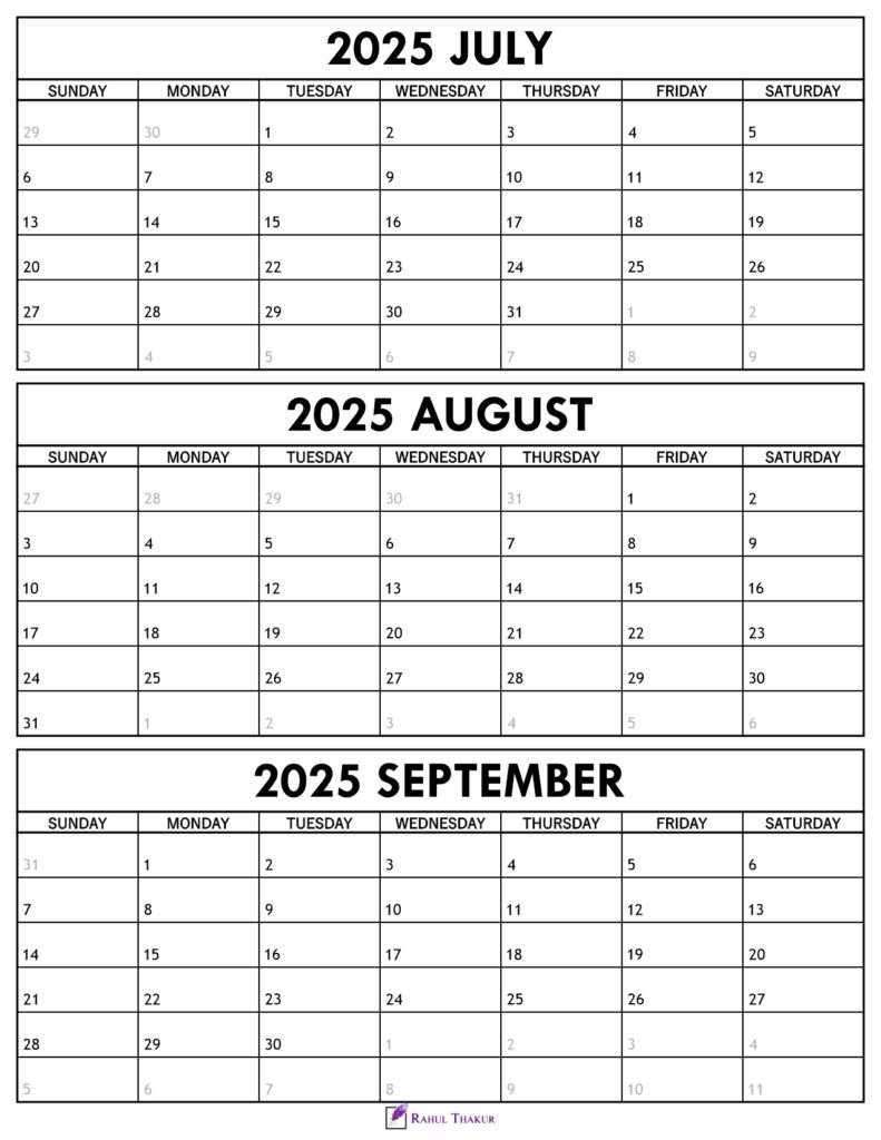 July to September 2025 Calendar