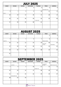 July to September 2025 Calendar with Holidays