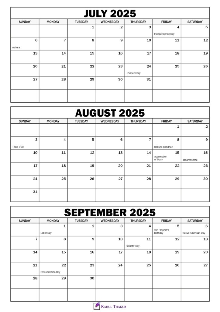 July to September 2025 Calendar with Holidays