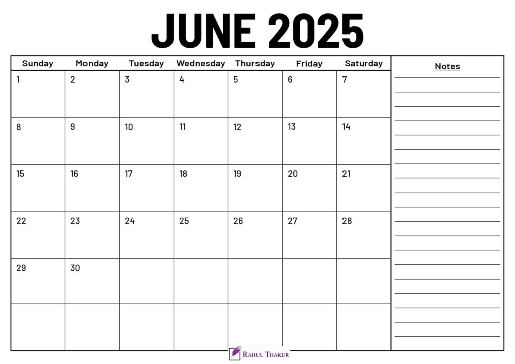 June 2025 Calendar With Notes