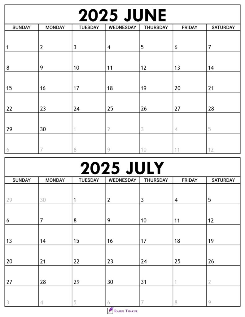 June July 2025 Calendar