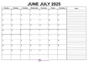 June July 2025 Calendar With Notes