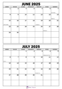 June July 2025 Calendar with Holidays