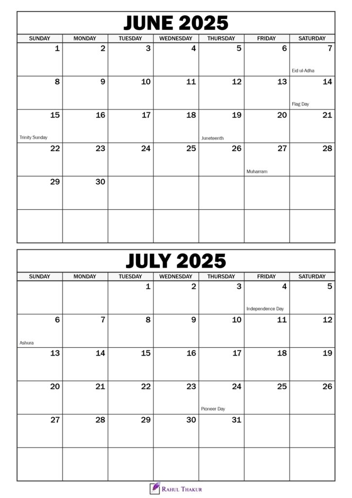 June July 2025 Calendar with Holidays