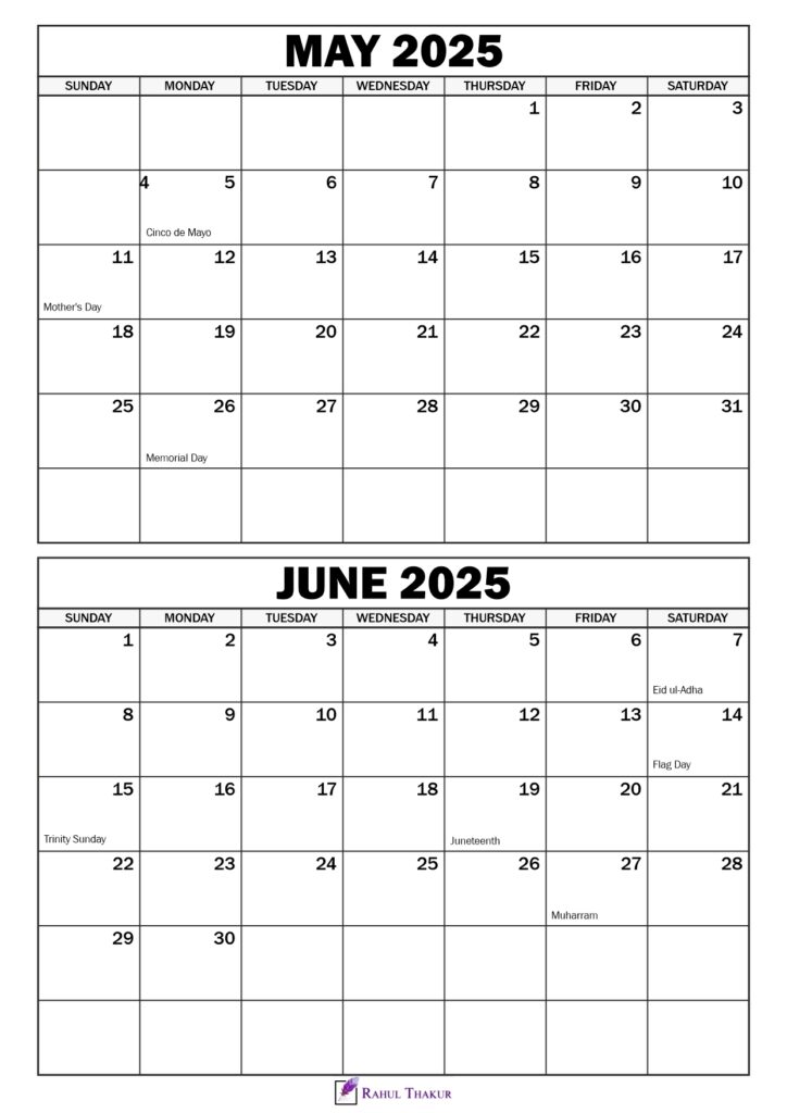 May June 2025 Calendar with Holidays