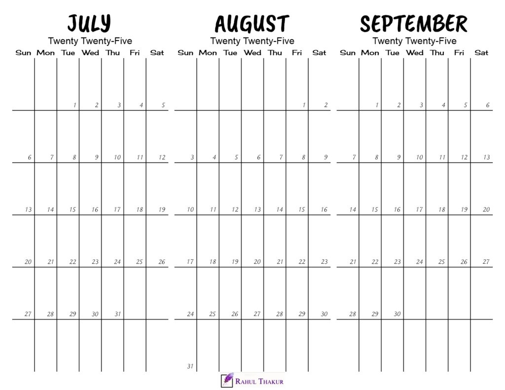 Printable July to September 2025 Calendar