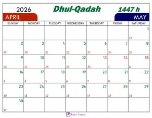 Dhul Qadah 1447 Calendar