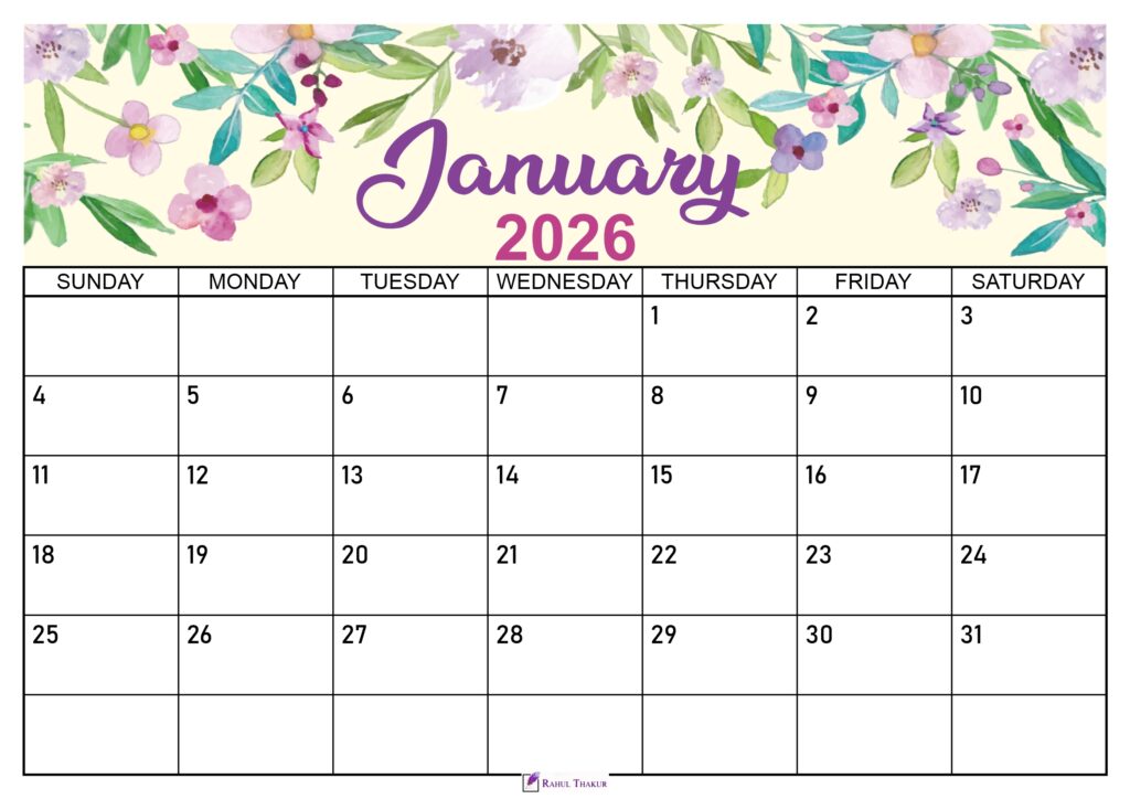 Floral January 2026 Calendar