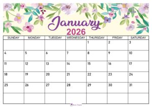 Floral January 2026 Calendar