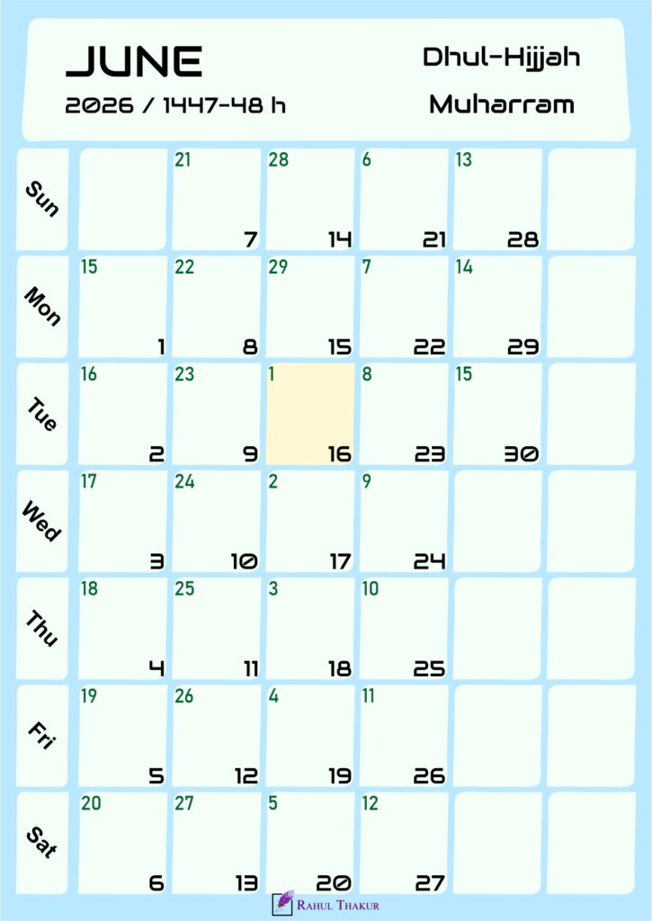 Hijri Calendar for June 2026