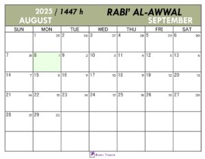 Hijri Calendar for Rabi Al-Awwal 1447