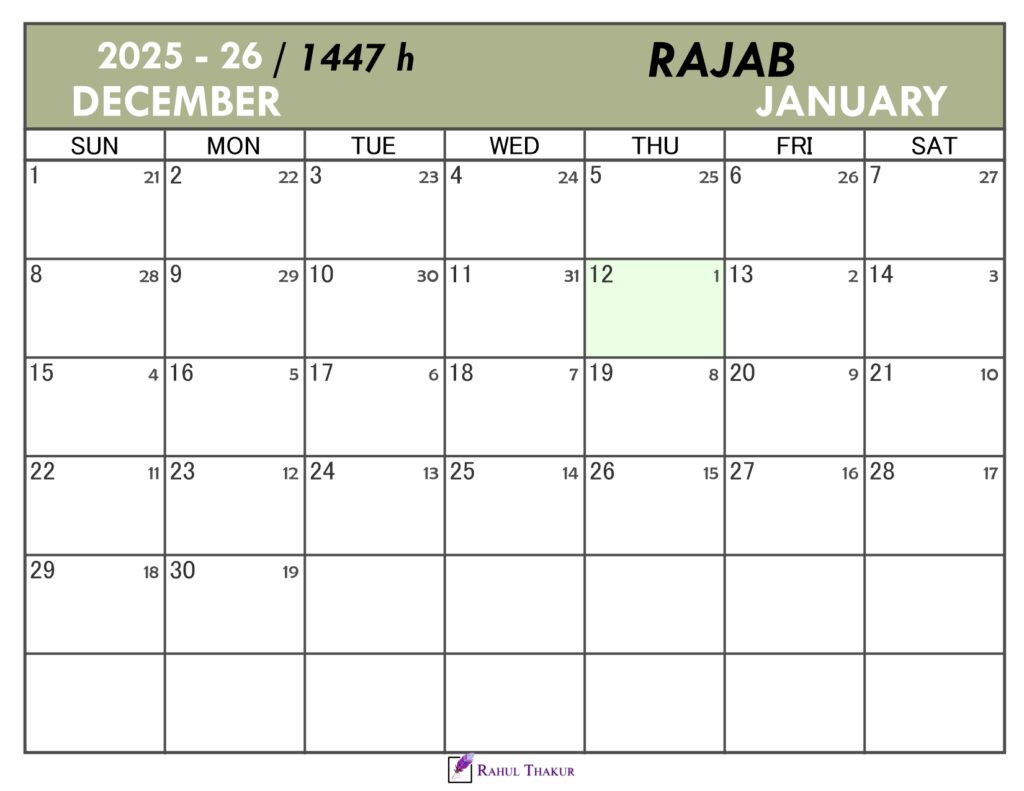 Hijri Calendar for Rajab 1447