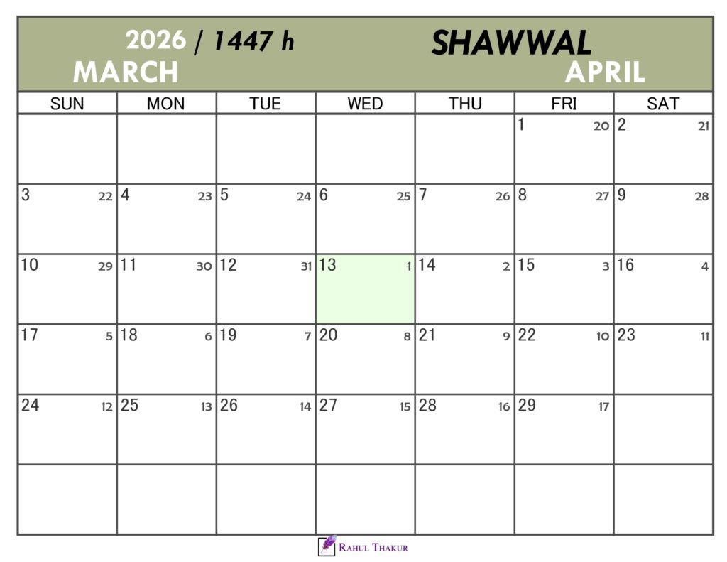 Hijri Calendar for Shawwal 1447