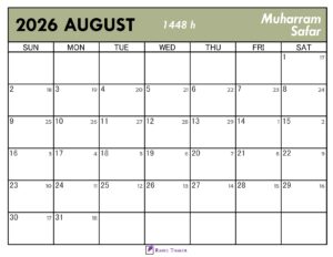 Islamic Calendar for August 2026