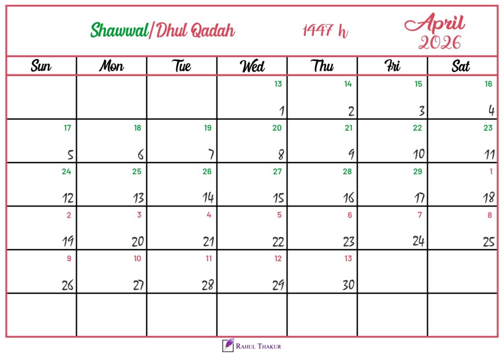 Islamic Hijri Calendar for April 2026