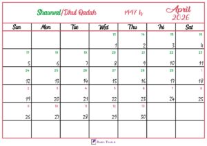 Islamic Hijri Calendar for April 2026