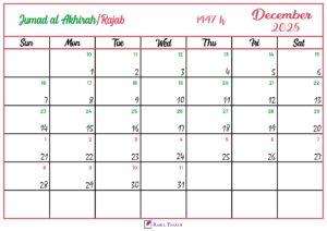 Islamic Hijri Calendar for December 2025