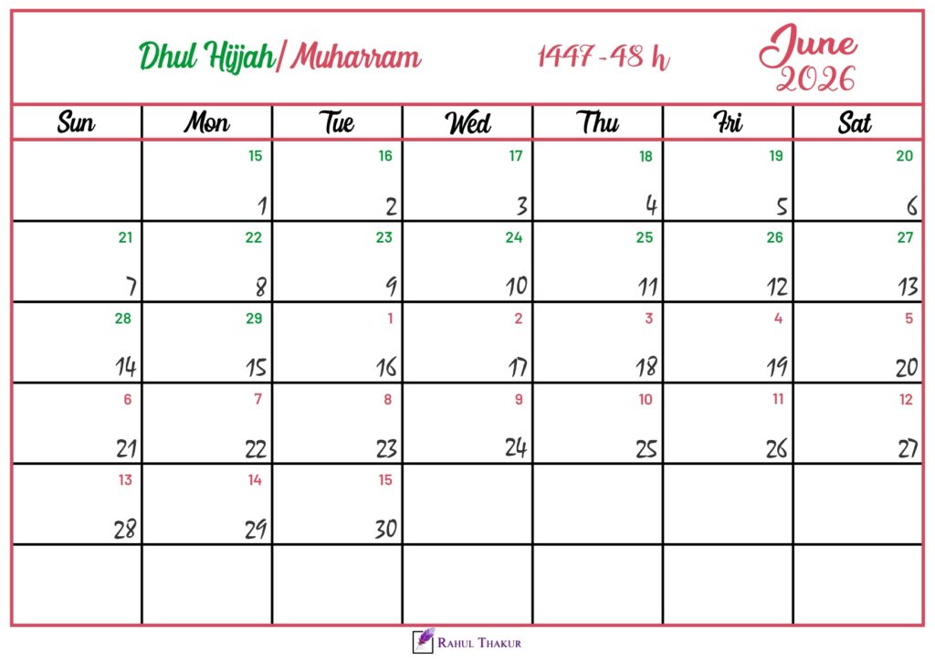 Islamic Hijri Calendar for June 2026