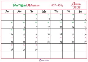 Islamic Hijri Calendar for June 2026