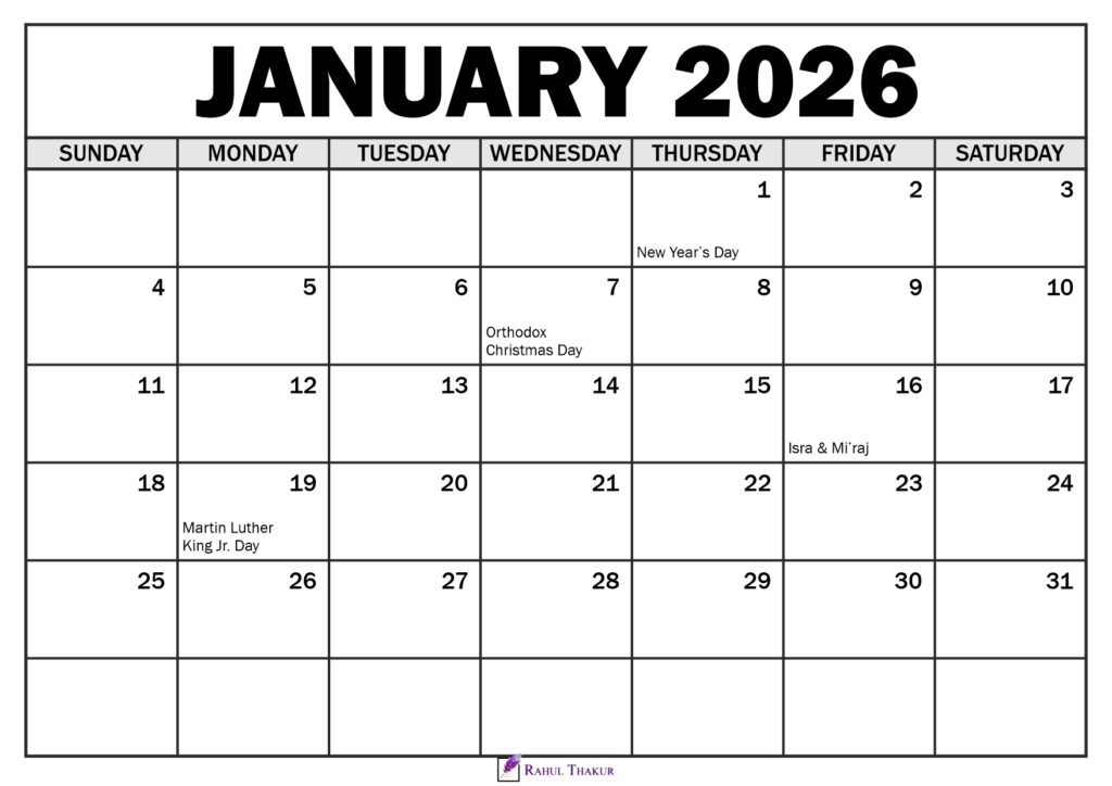 January 2026 Calendar with Holidays