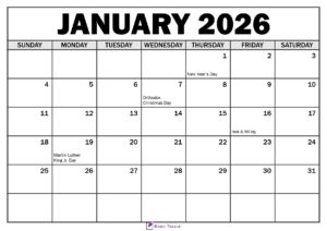 January 2026 Calendar with Holidays